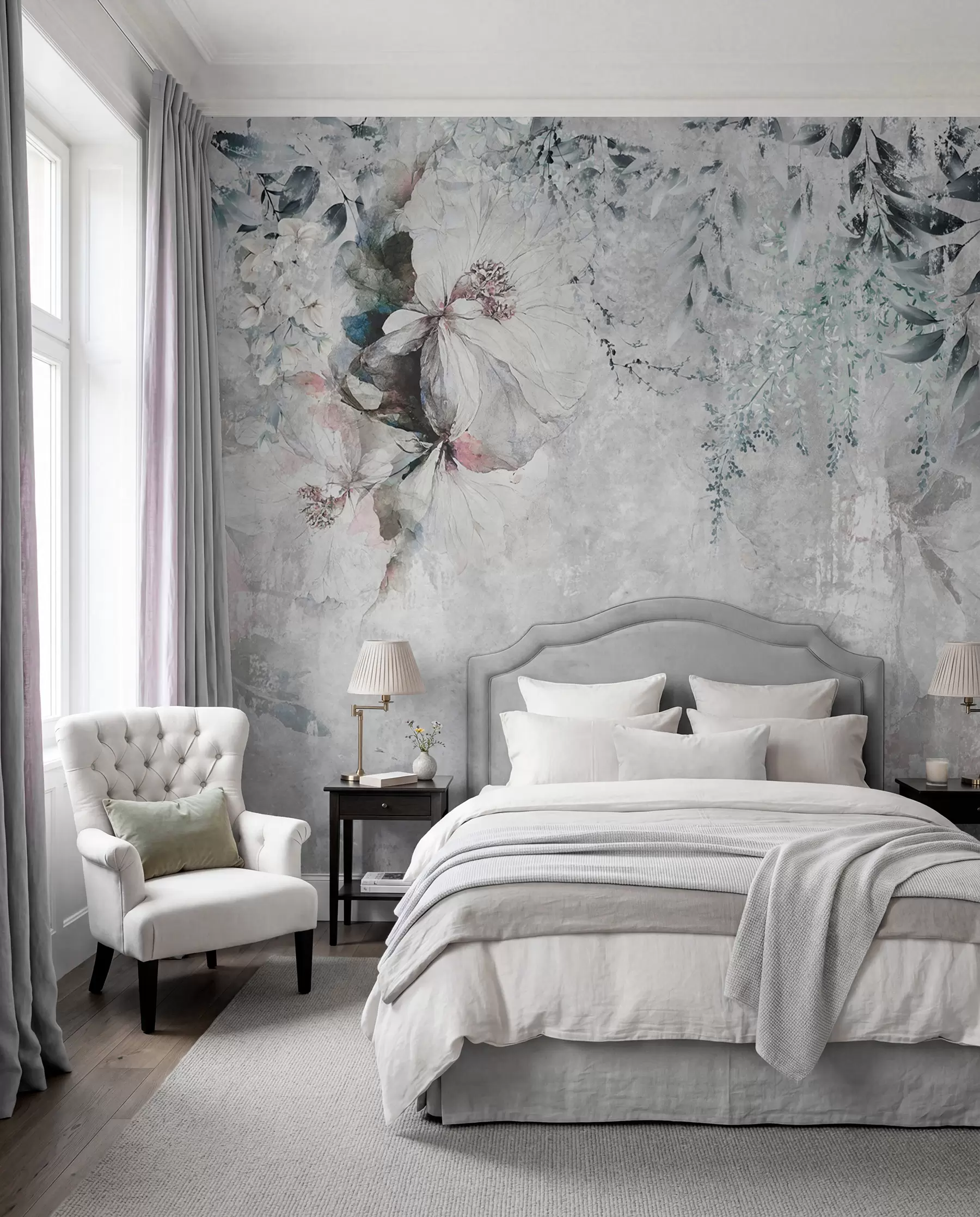 murales de pared Estilo grunge con ramas y capullos blancos u74746