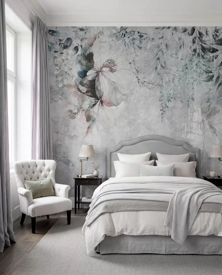 murales de pared Estilo grunge con ramas y capullos blancos u74746