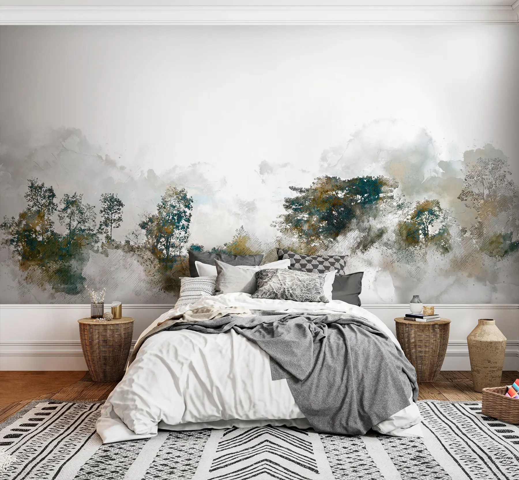 murales de pared Paisaje de acuarela con árbol de pintura de acuarela u75377