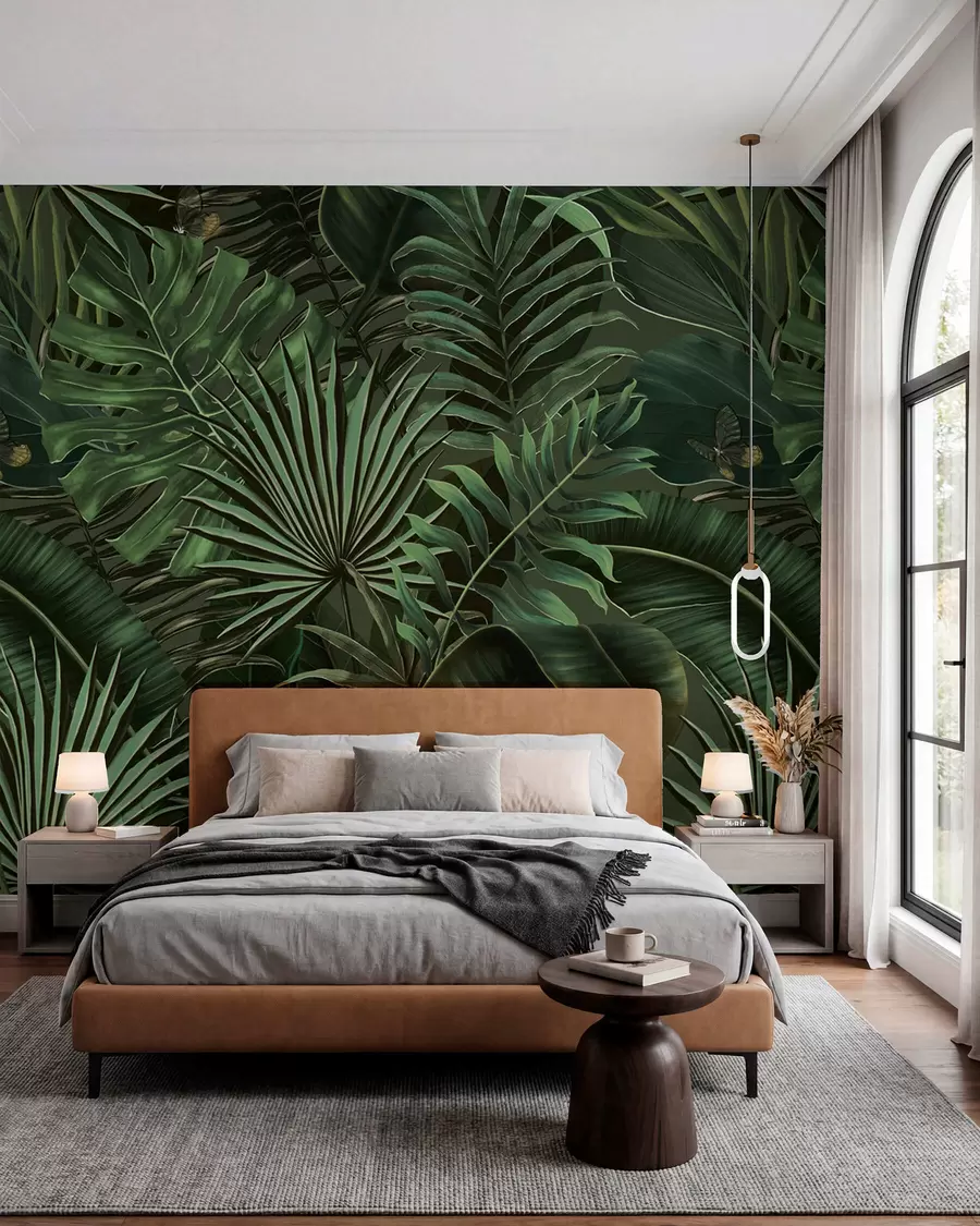 murales de pared Patrón tropical con palmeras verdes tropicales, hojas de plátano u94341