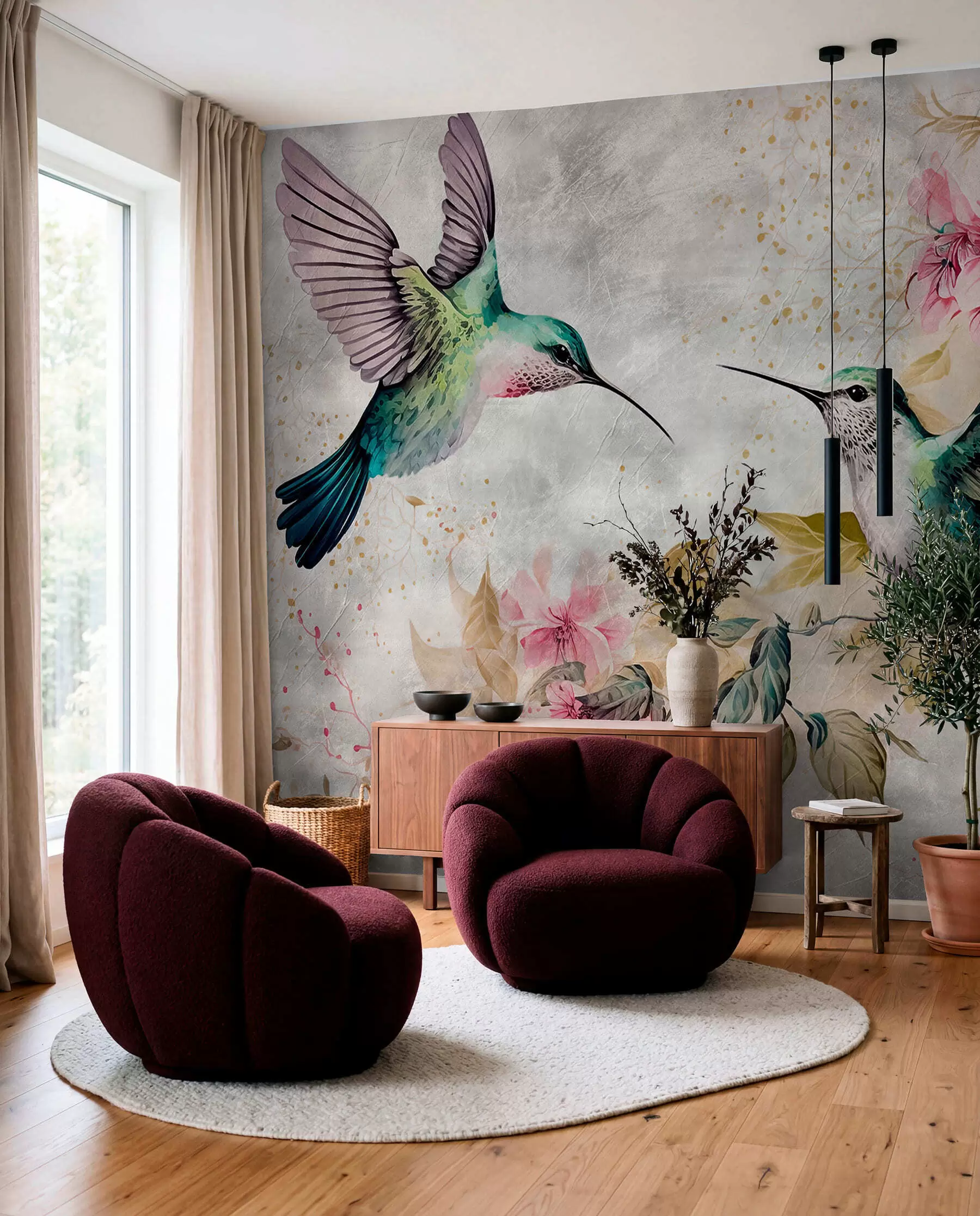 murales de pared Colibríes de acuarela en una rama u93994