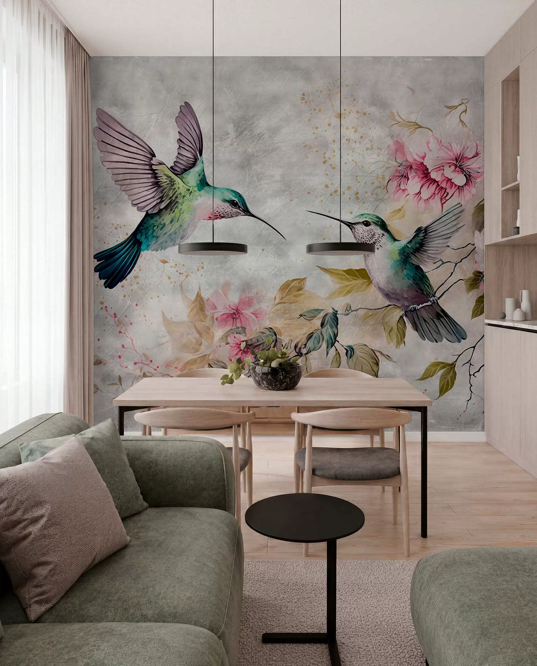 murales de pared Colibríes de acuarela en una rama u93994