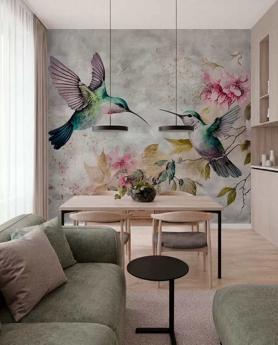 murales de pared Colibríes de acuarela en una rama u93994