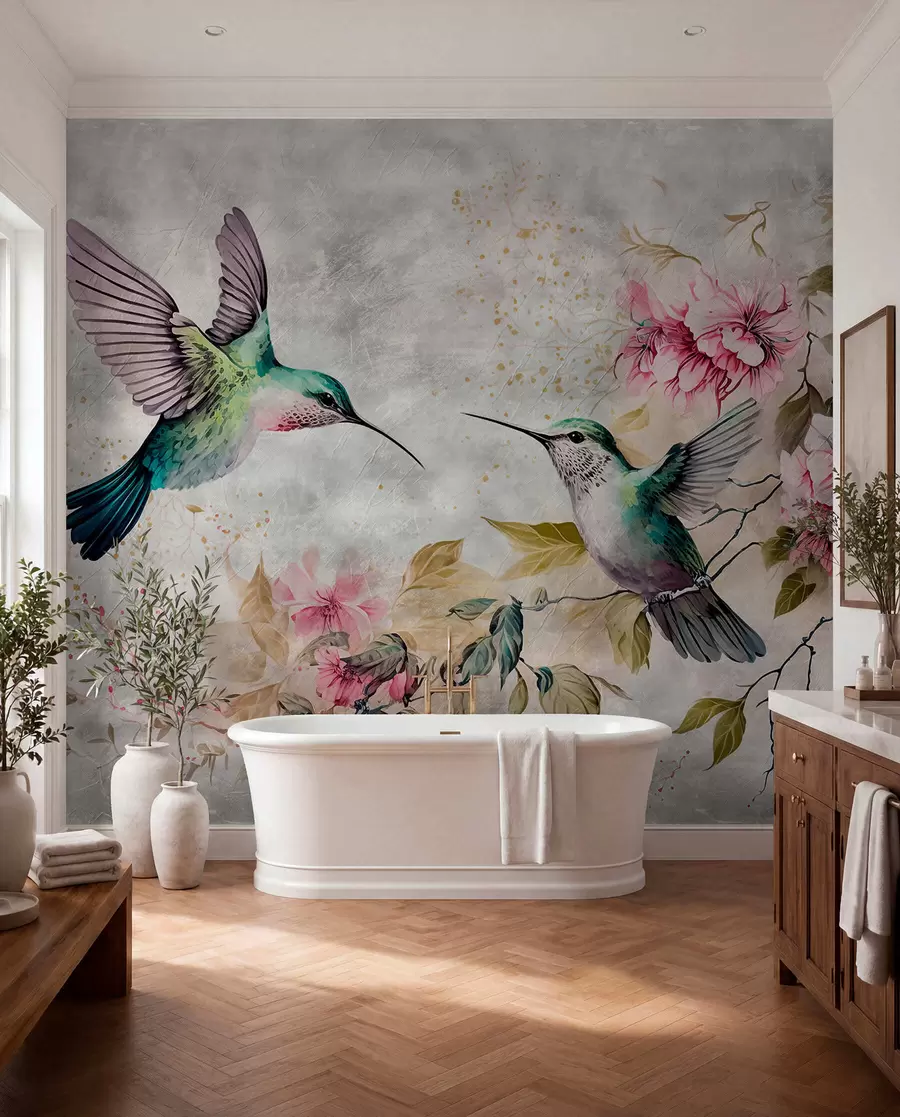 murales de pared Colibríes de acuarela en una rama u93994