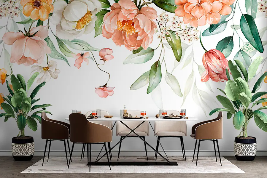 Murales de pared Borde de ramo - hojas verdes y flores de color rosa rubor sobre fondo blanco u94427 murales de pared Borde de ramo - hojas verdes y flores de color rosa rubor sobre fondo blanco u94427