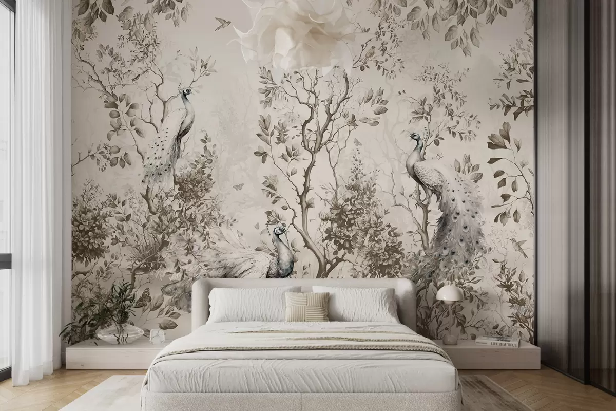 murales de pared Un jardín con pájaros frágiles, pavos reales u94850