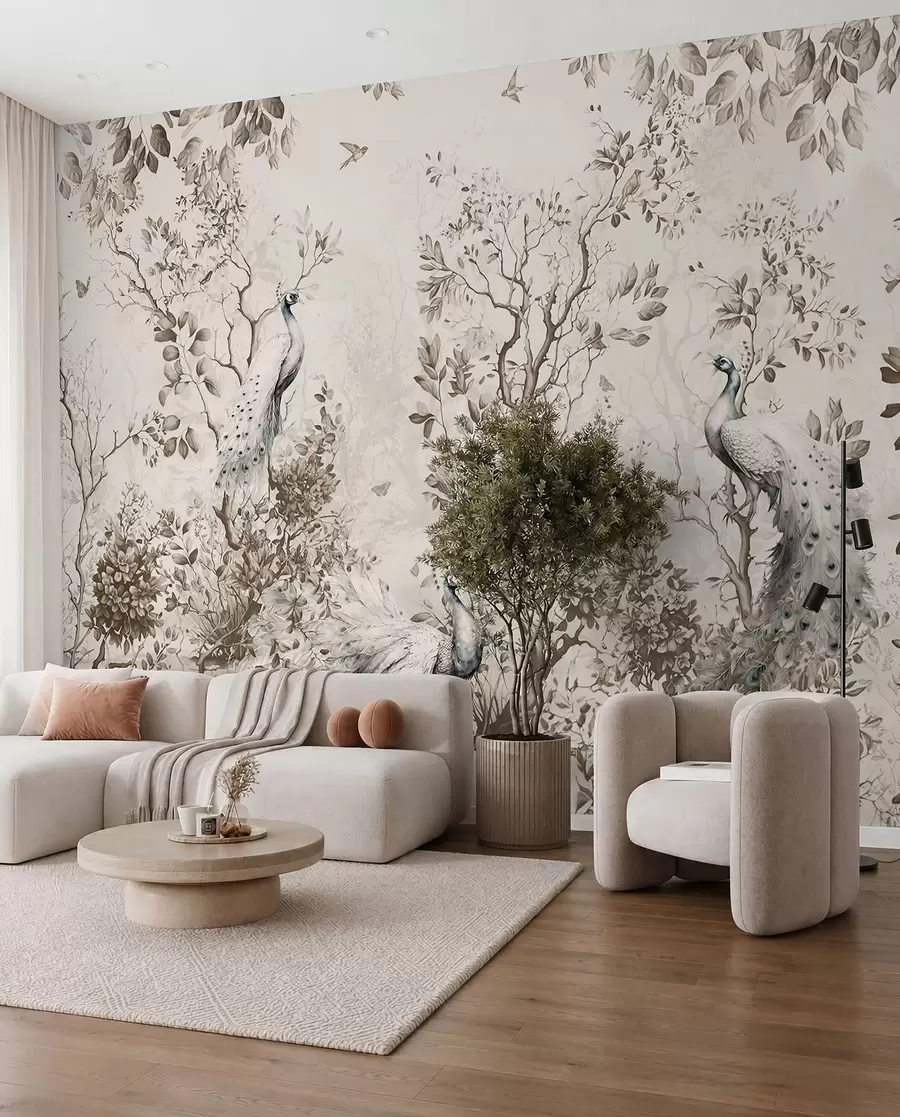 murales de pared Un jardín con pájaros frágiles, pavos reales u94850