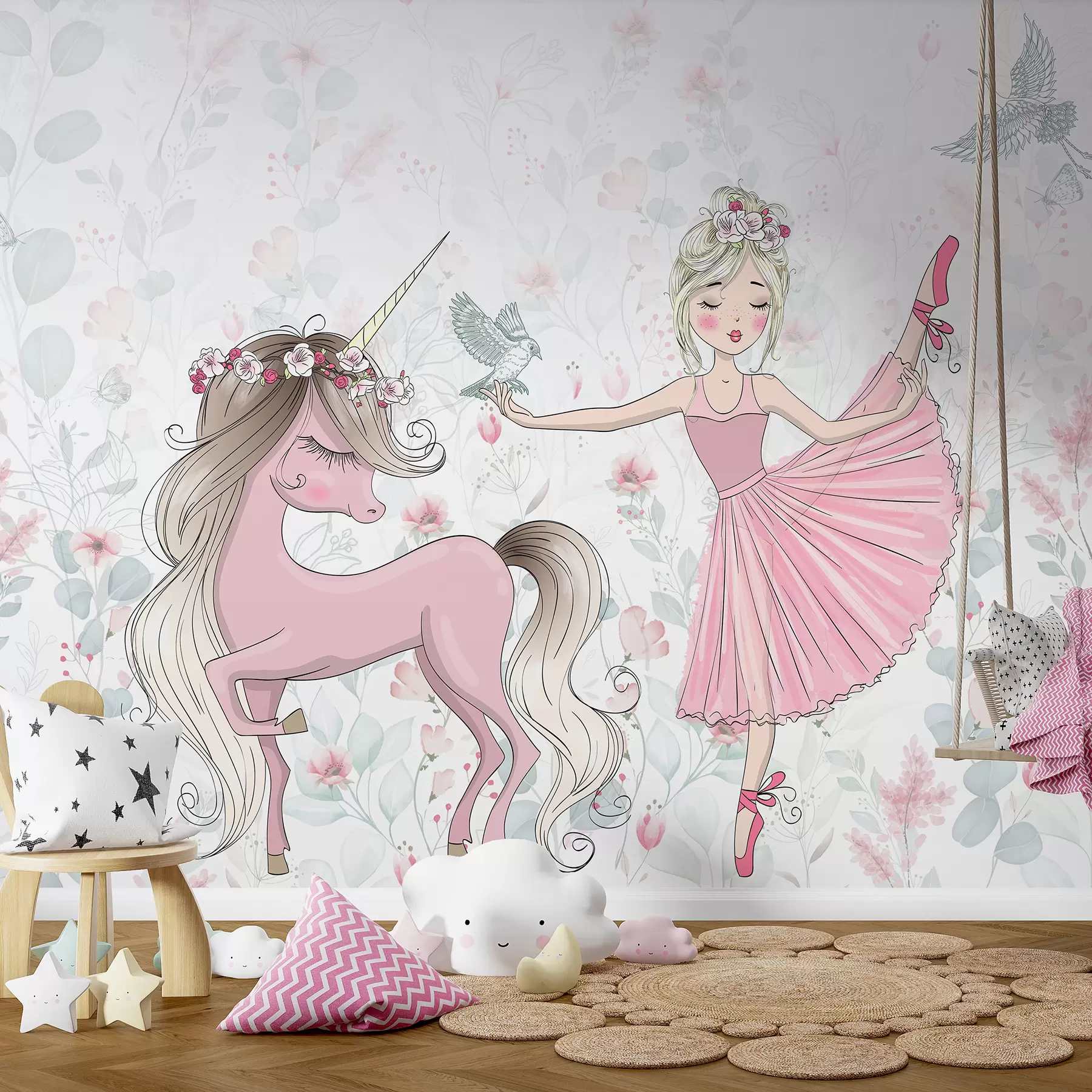 murales de pared Princesa y unicornio rosa u95007