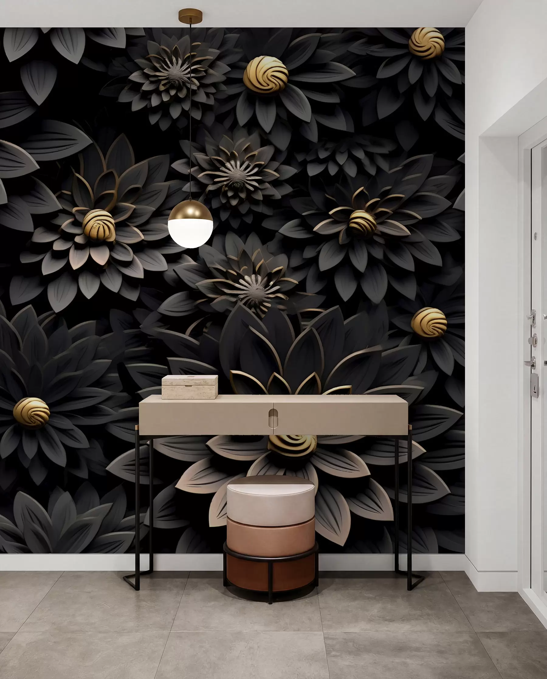 murales de pared Flores negras con efecto 3D u95249