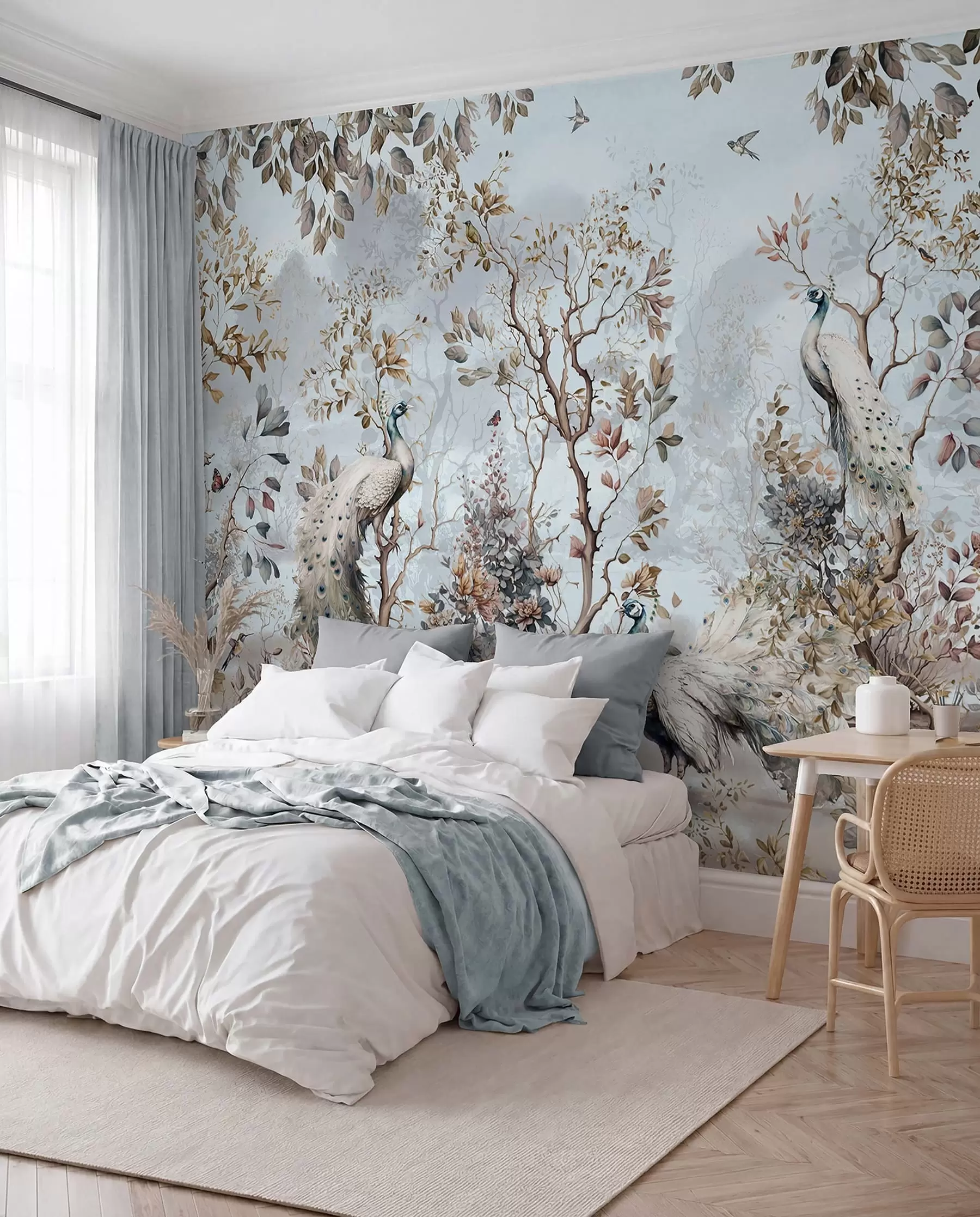 murales de pared Chinoiserie estilo chino plantas y pavos reales u94849