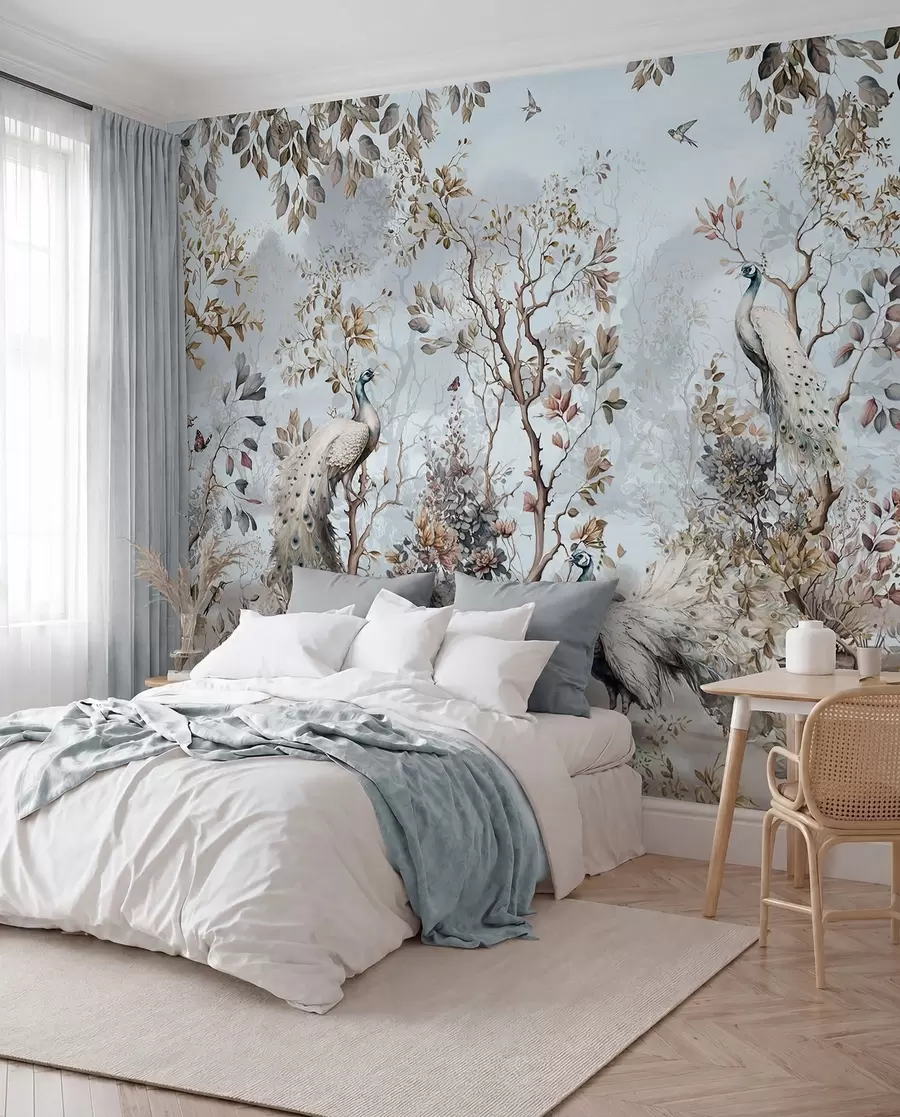 murales de pared Chinoiserie estilo chino plantas y pavos reales u94849