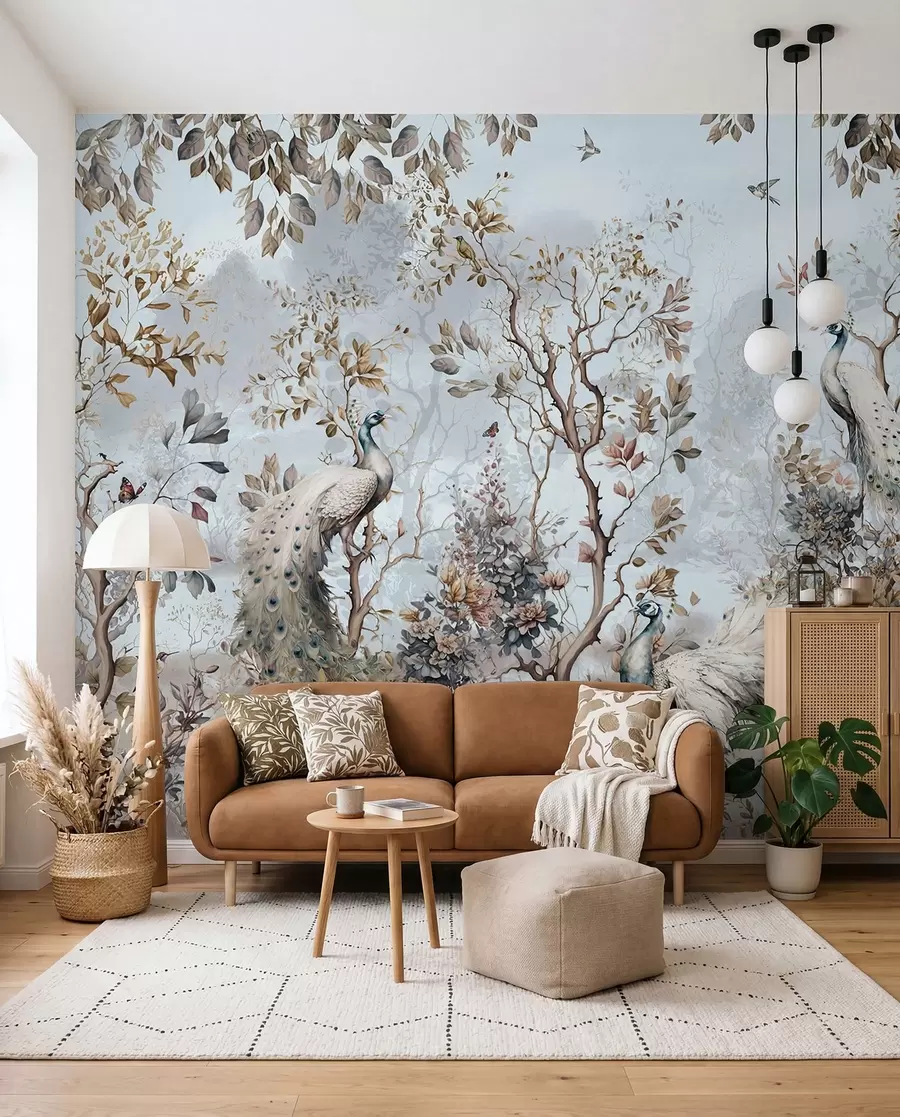 murales de pared Chinoiserie estilo chino plantas y pavos reales u94849
