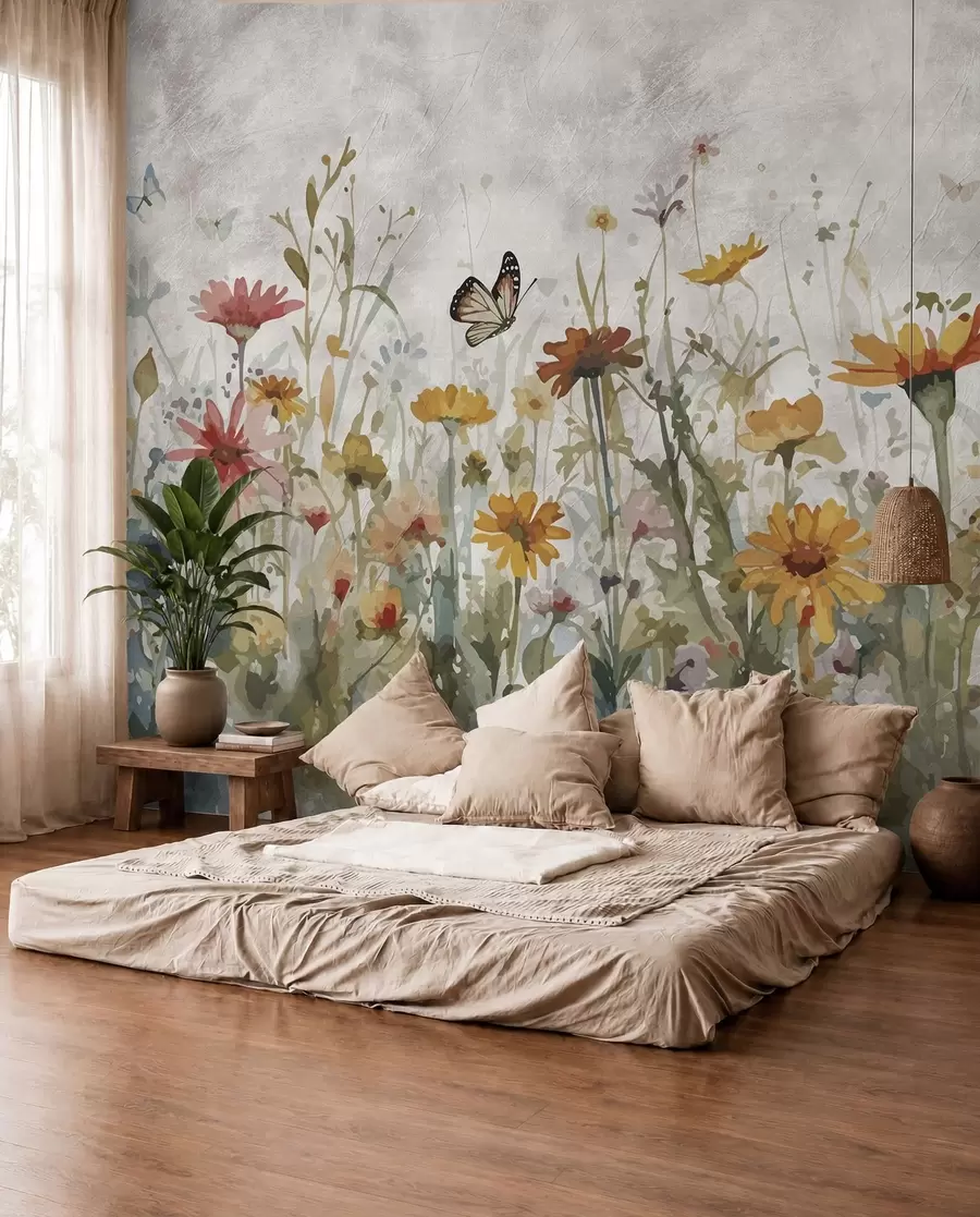 murales de pared Acuarela flores silvestres y mariposas u95406