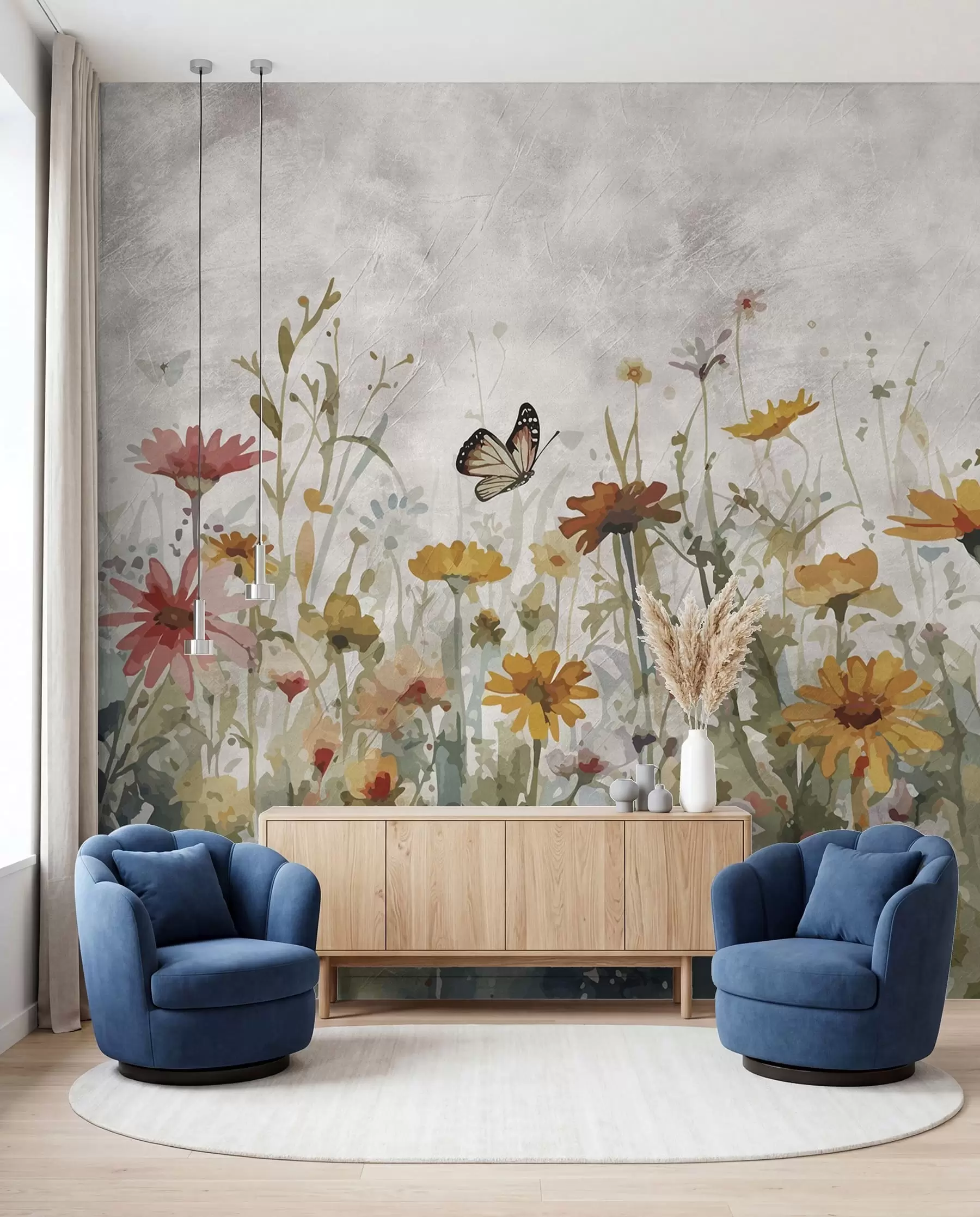 murales de pared Acuarela flores silvestres y mariposas u95406