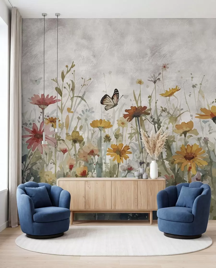murales de pared Acuarela flores silvestres y mariposas u95406