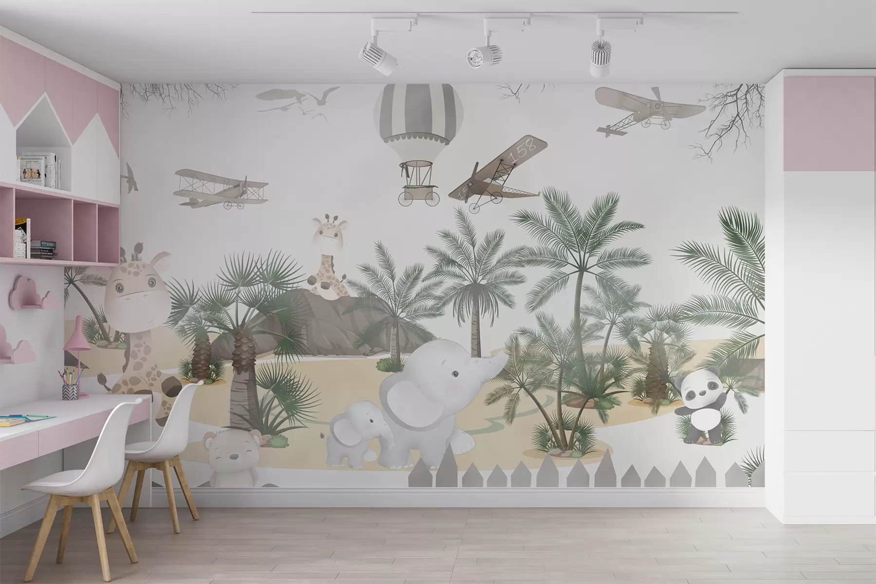 murales de pared Diseño con lindos animales, árboles tropicales y globos. u95899