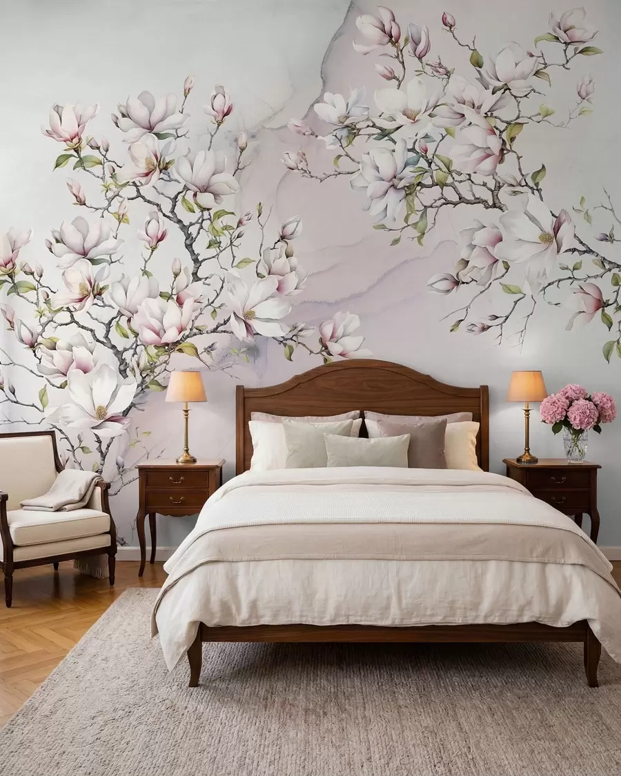 murales de pared Árboles de magnolia florecientes sobre un fondo de mármol u96114