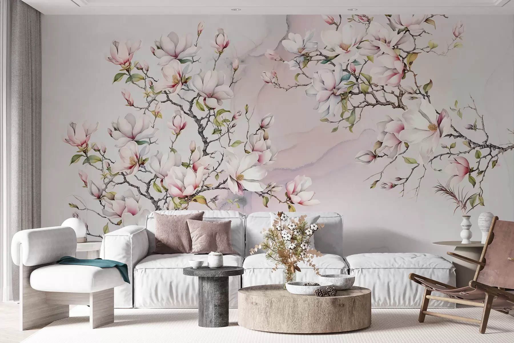 murales de pared Árboles de magnolia florecientes sobre un fondo de mármol u96114