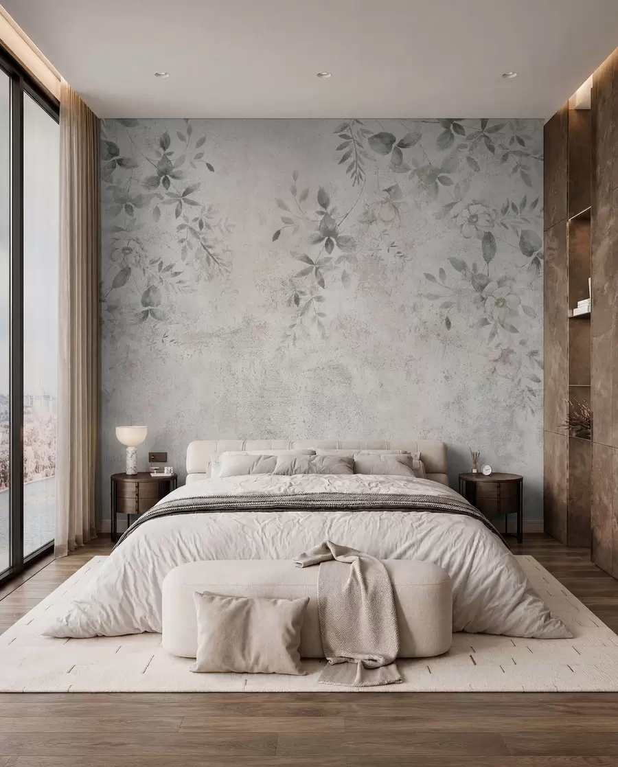 murales de pared Flores con ramas sobre minimalismo de fondo de hormigón grunge u96140