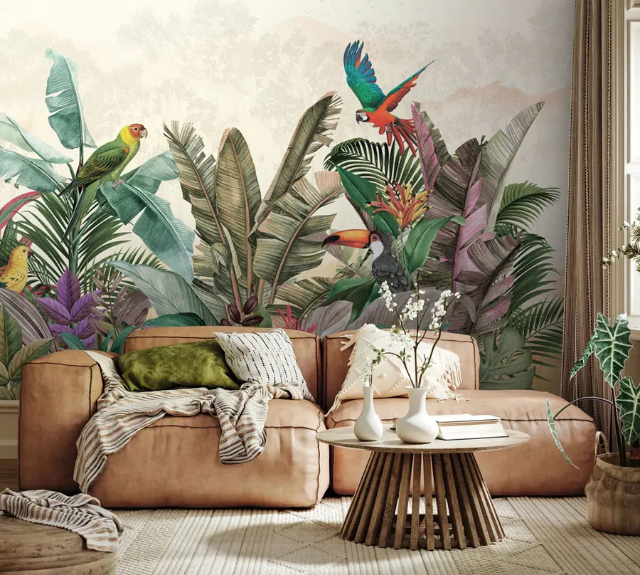 murales de pared Loro de pájaros tropicales vintage en hojas tropicales u96144