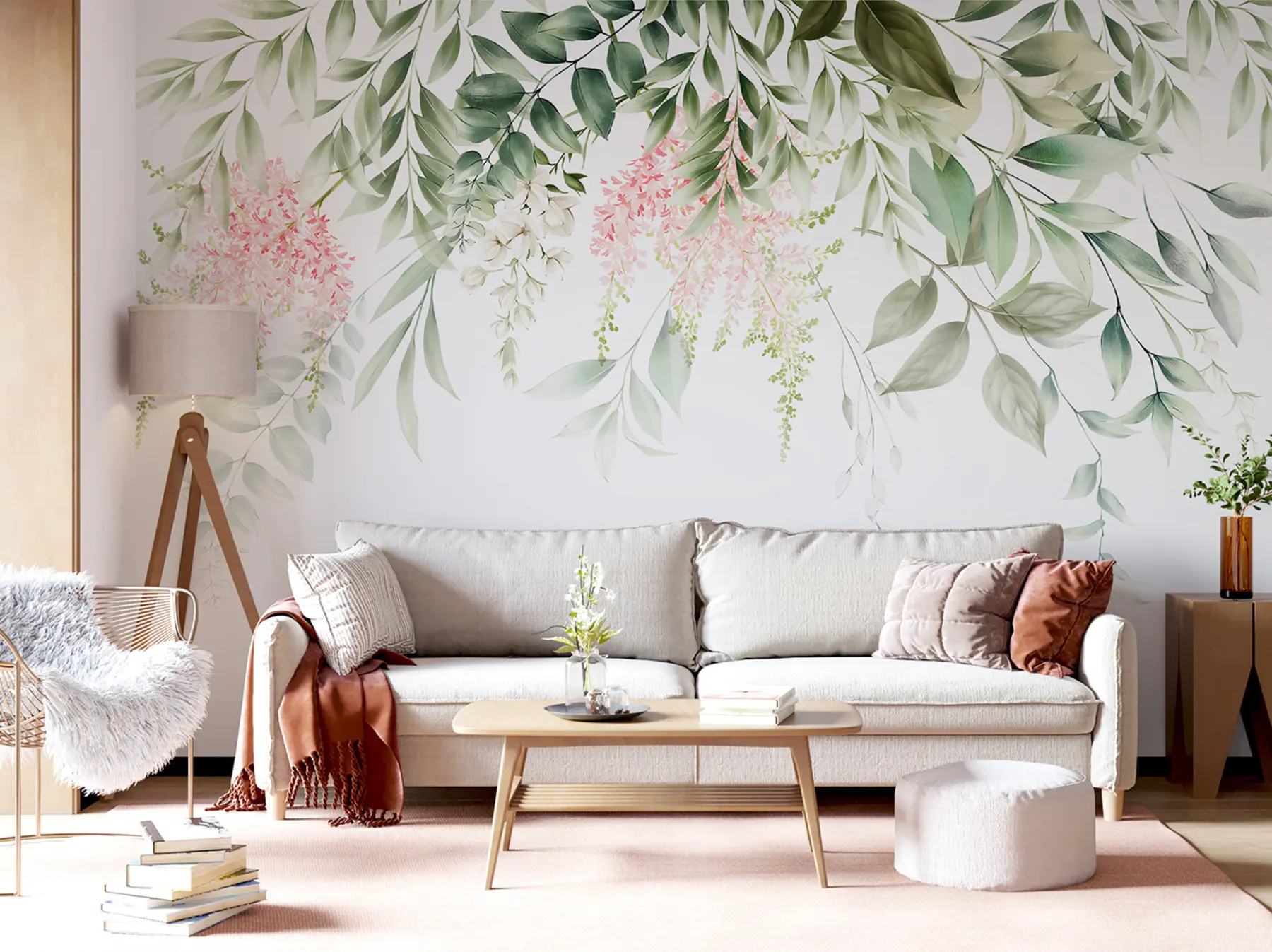 murales de pared Follaje con flores rosas u95923