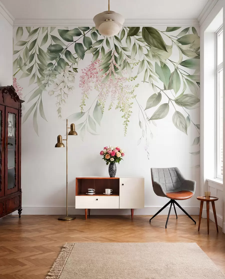 murales de pared Follaje con flores rosas u95923