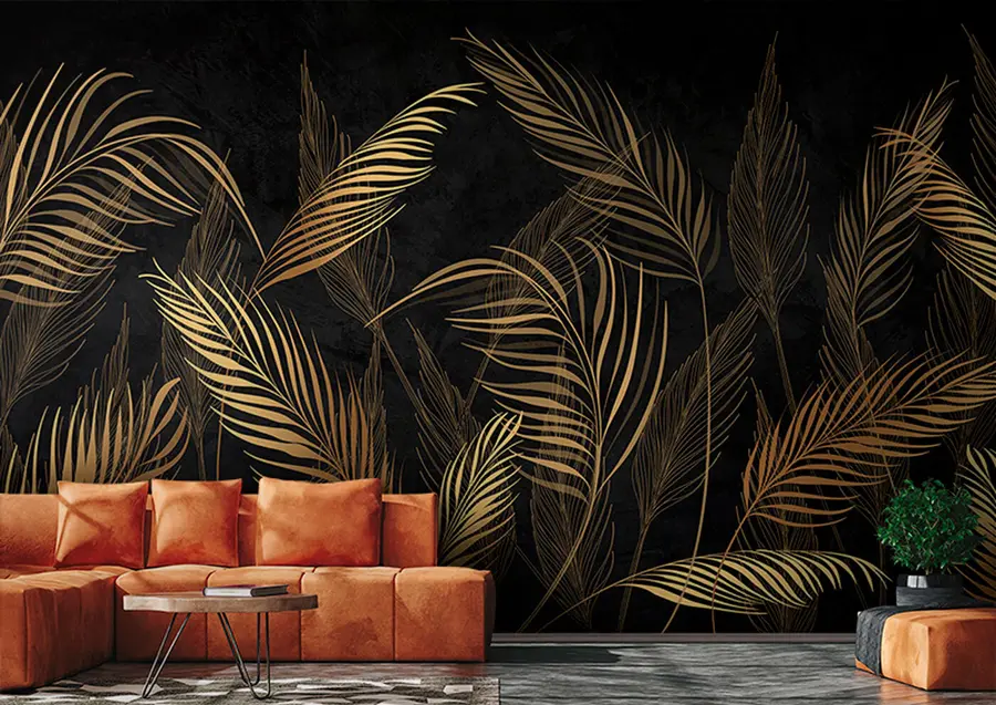 murales de pared Hojas de palmera sobre fondo negro u96318