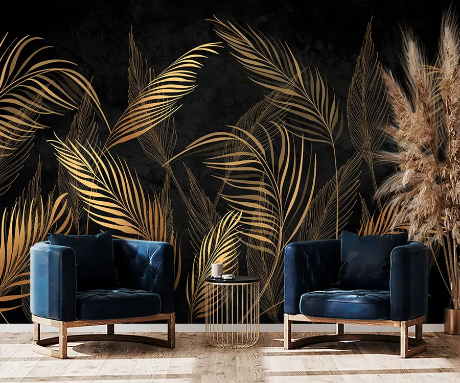 murales de pared Hojas de palmera sobre fondo negro u96318