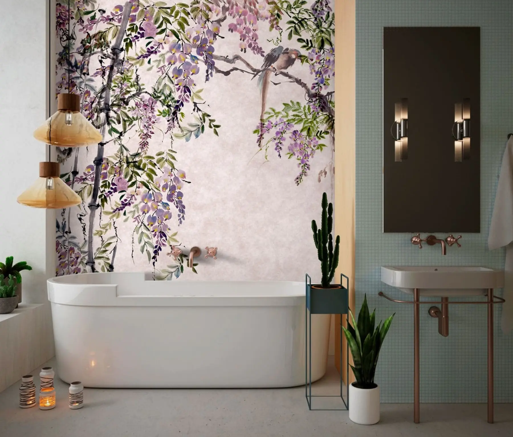 murales de pared Wisteria flores de glicinia en estilo vintage u94621