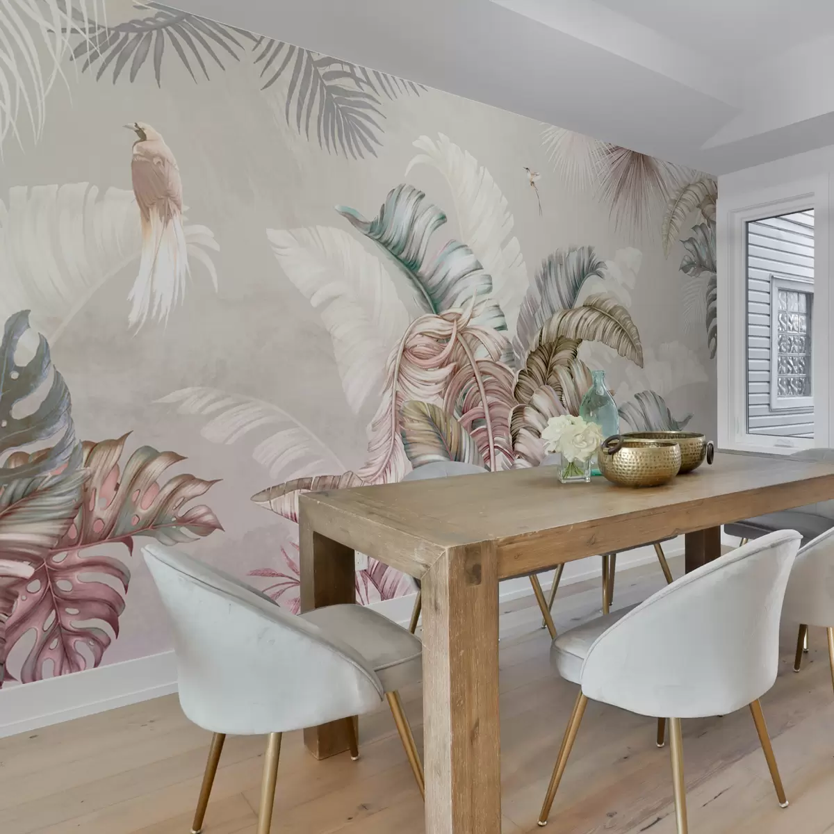 Murales de pared Ilustración tropical con hojas de plátano y pájaros. u96254 murales de pared Ilustración tropical con hojas de plátano y pájaros. u96254