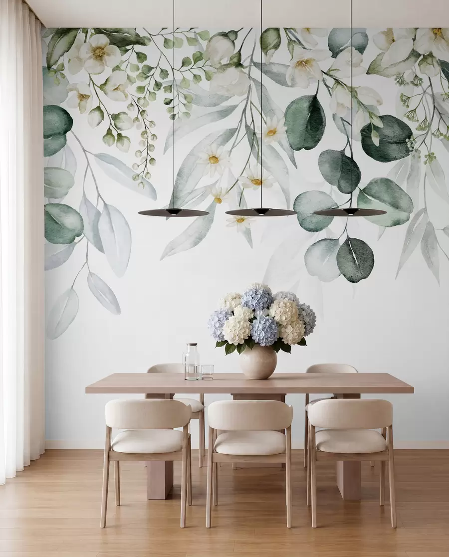 murales de pared Acuarela hojas verdes con flores u96336