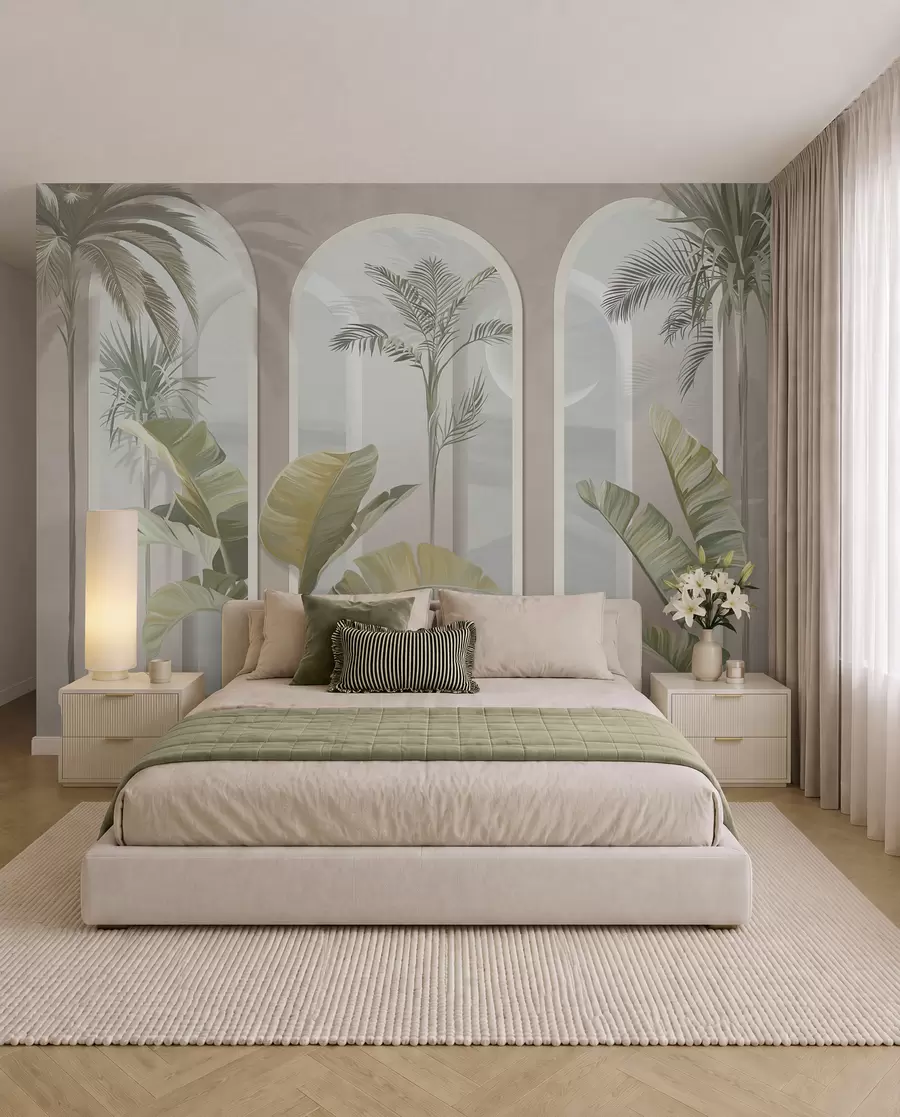 murales de pared Hojas tropicales 3D con palmeras y columnas u96402