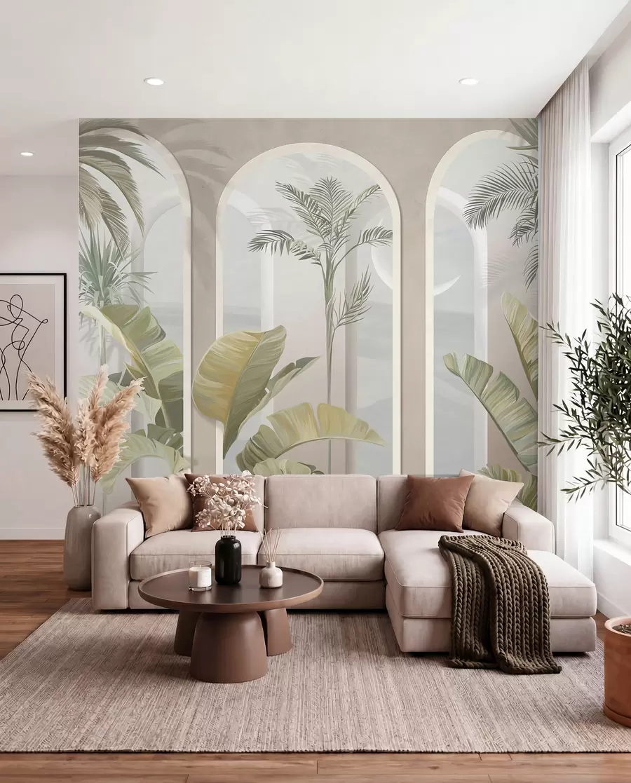 murales de pared Hojas tropicales 3D con palmeras y columnas u96402
