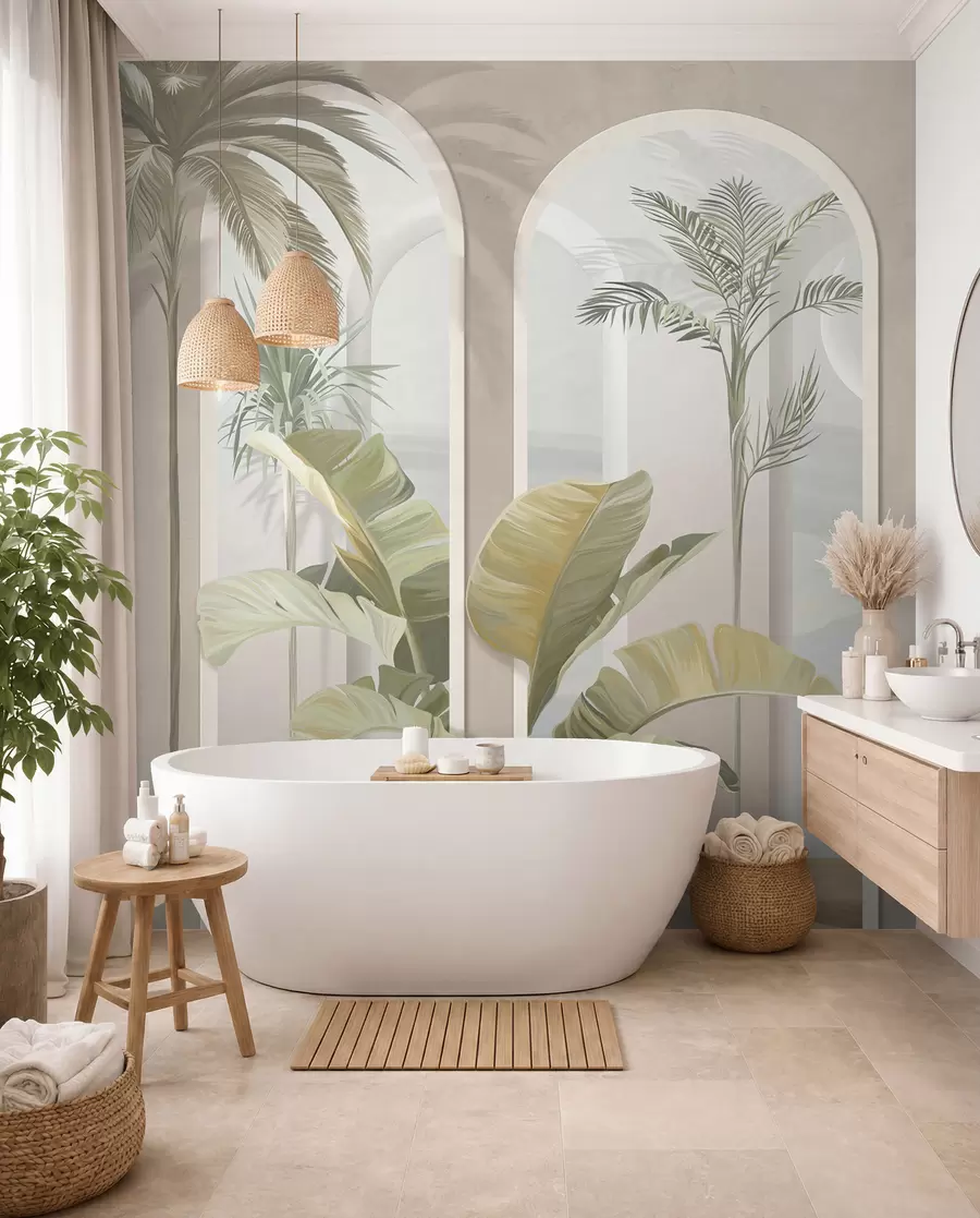 murales de pared Hojas tropicales 3D con palmeras y columnas u96402