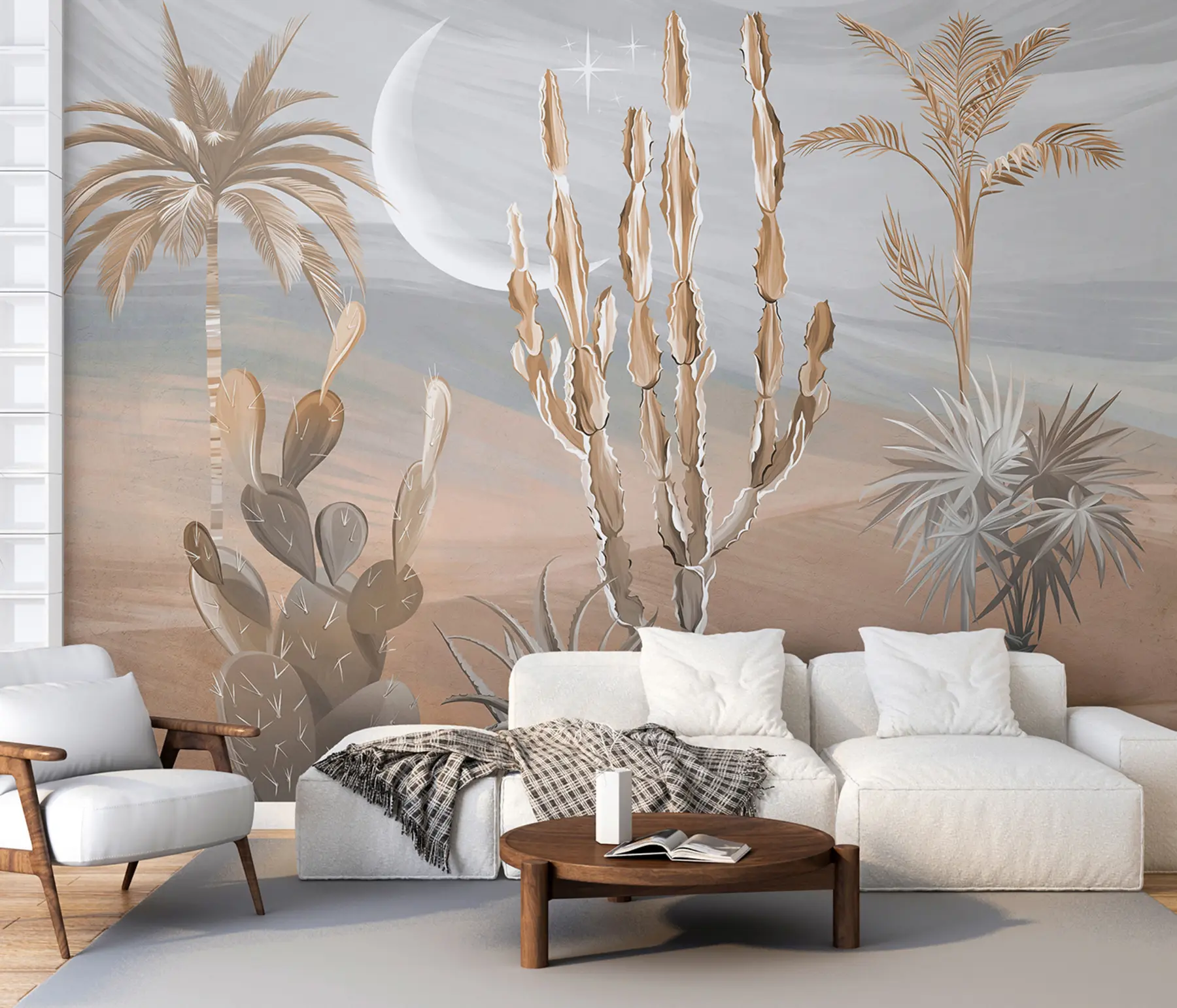murales de pared Desierto 3D con cactus y hojas tropicales u96444