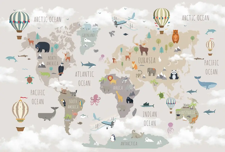 murales de pared Mapa mundial con animales y globos. u96461