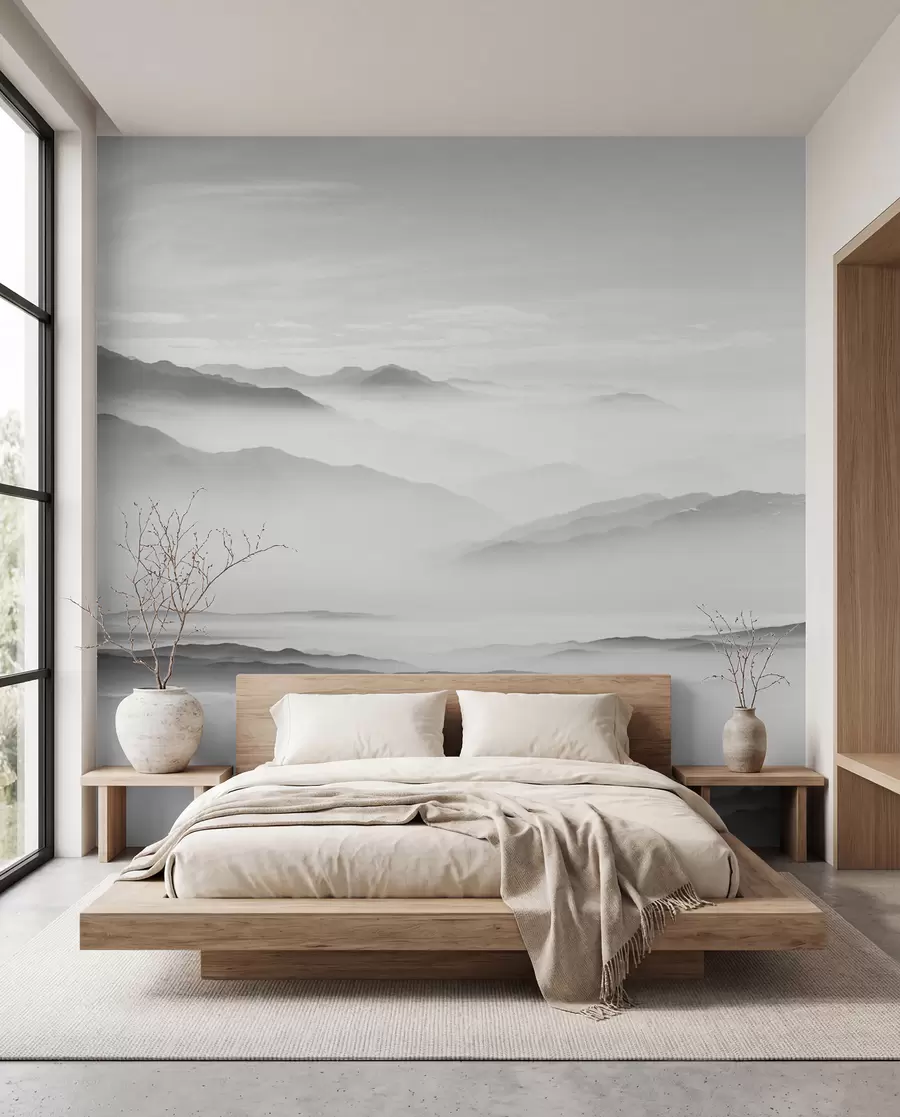 murales de pared Vista de las montañas grises en el monocromo de minimalismo de niebla u96922