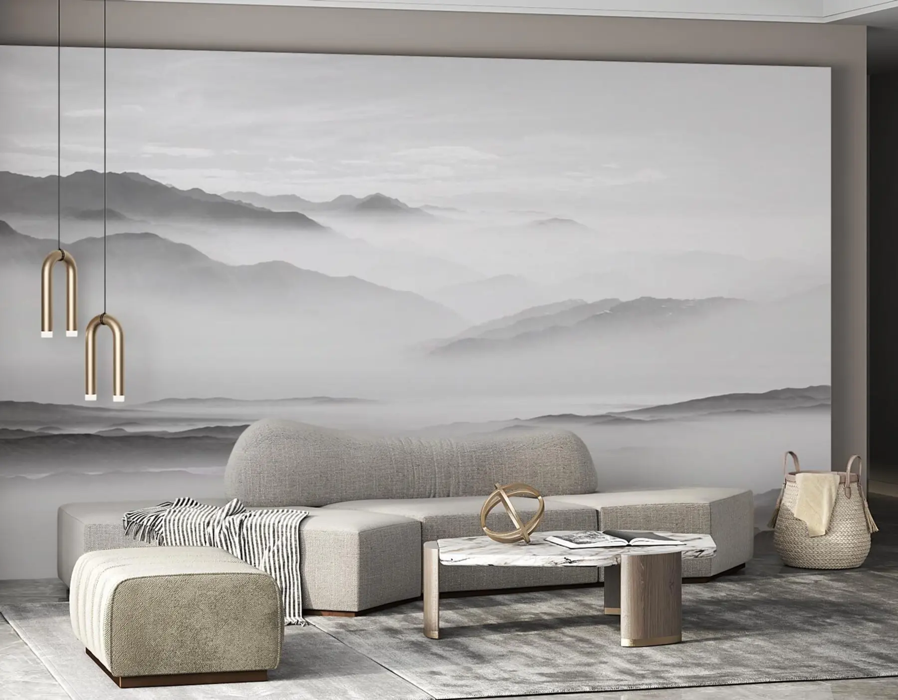 murales de pared Vista de las montañas grises en el monocromo de minimalismo de niebla u96922