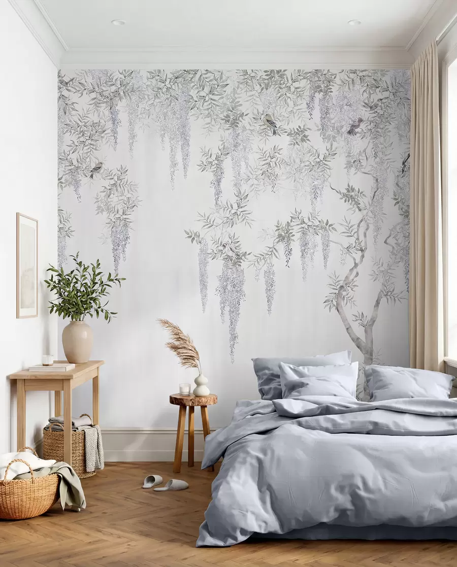 murales de pared Flores de glicina, glicina, minimalismo, monocromo, loft y estilo japonés u96928