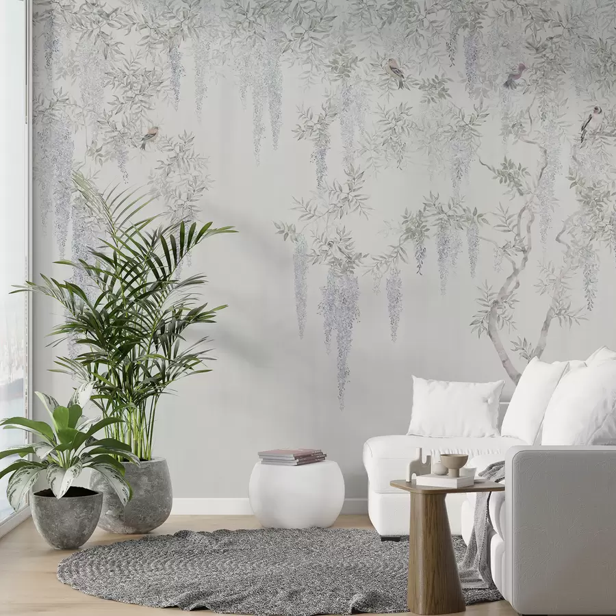 murales de pared Flores de glicina, glicina, minimalismo, monocromo, loft y estilo japonés u96928