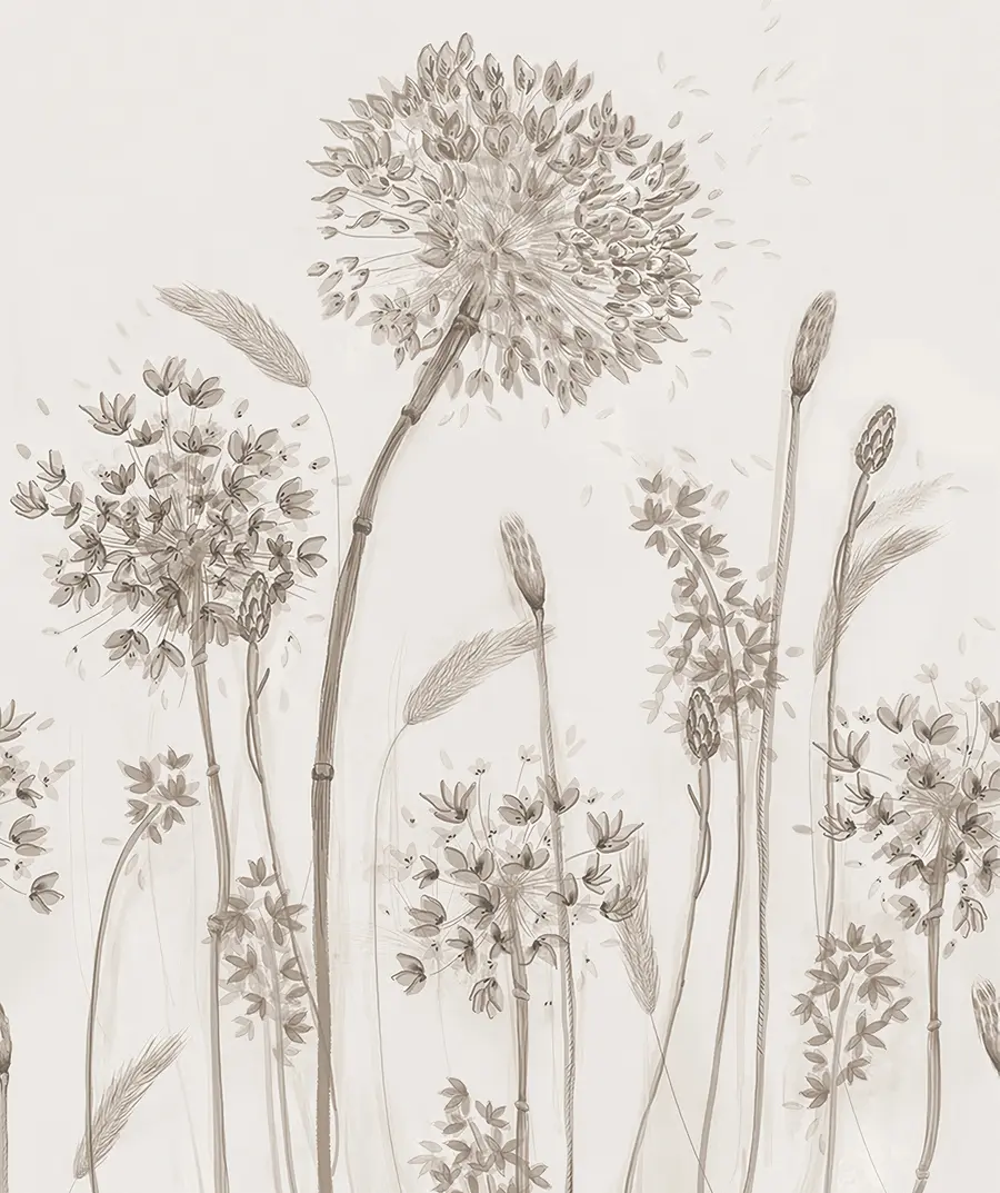 murales de pared Gran prado de flores de diente de león estilo monocromo loft minimalismo u96934