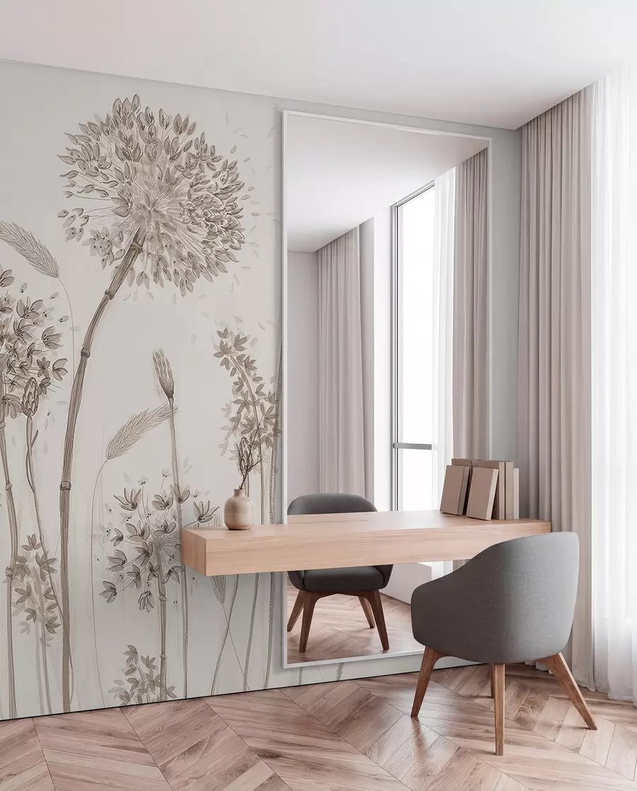 murales de pared Gran prado de flores de diente de león estilo monocromo loft minimalismo u96934