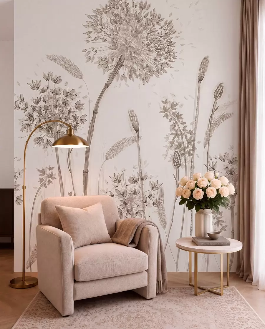 murales de pared Gran prado de flores de diente de león estilo monocromo loft minimalismo u96934