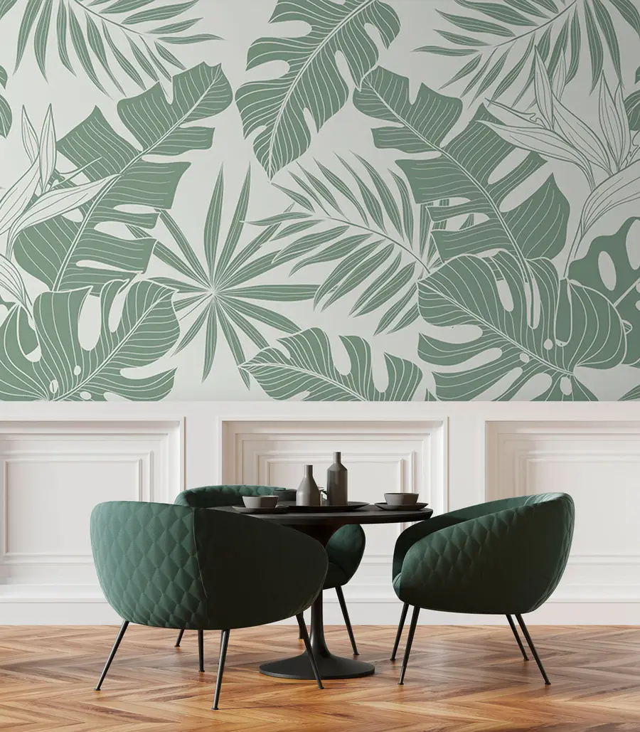 murales de pared Hojas de palma Monstera en un mínimo de verde pálido. u96909