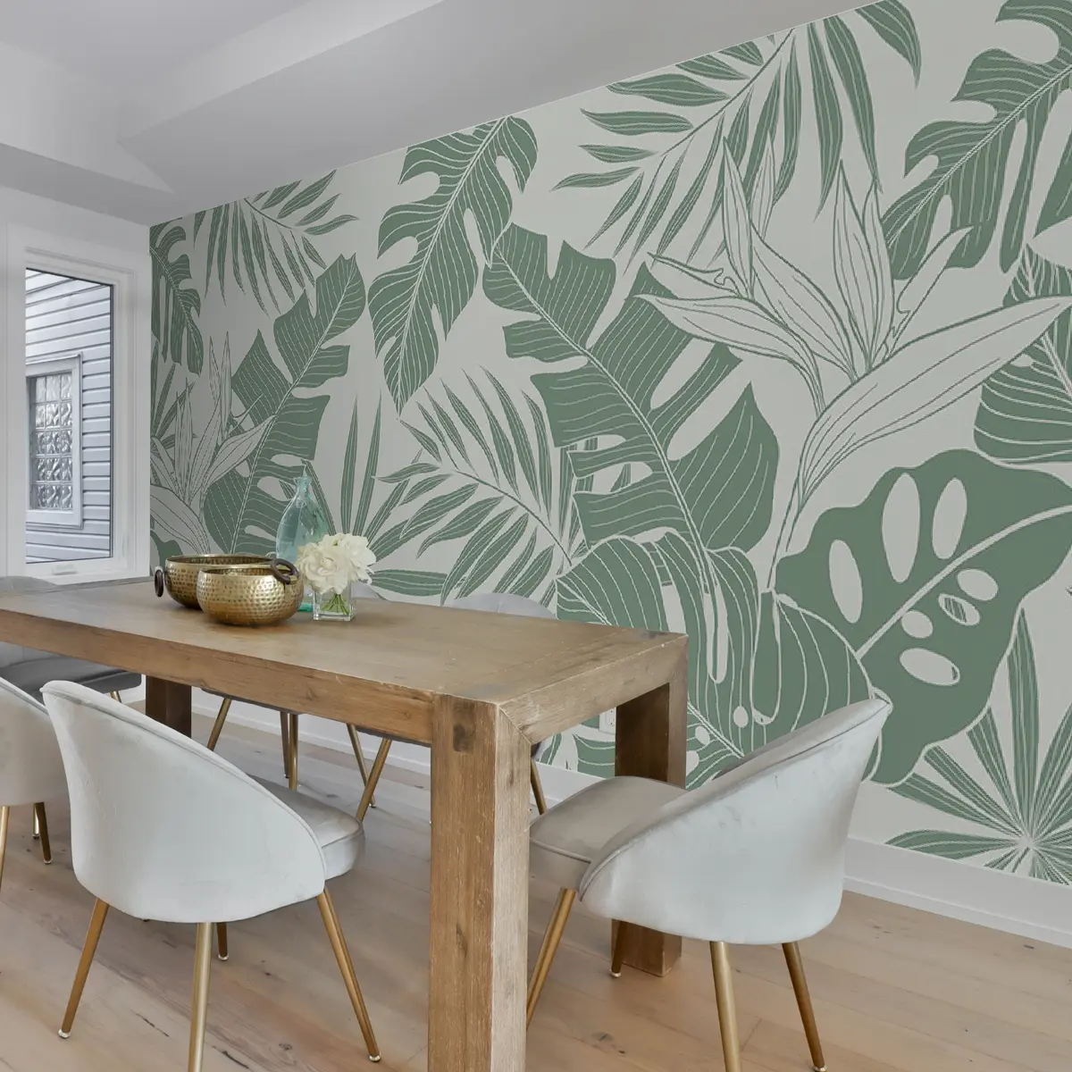 Murales de pared Hojas de palma Monstera en un mínimo de verde pálido. u96909 murales de pared Hojas de palma Monstera en un mínimo de verde pálido. u96909