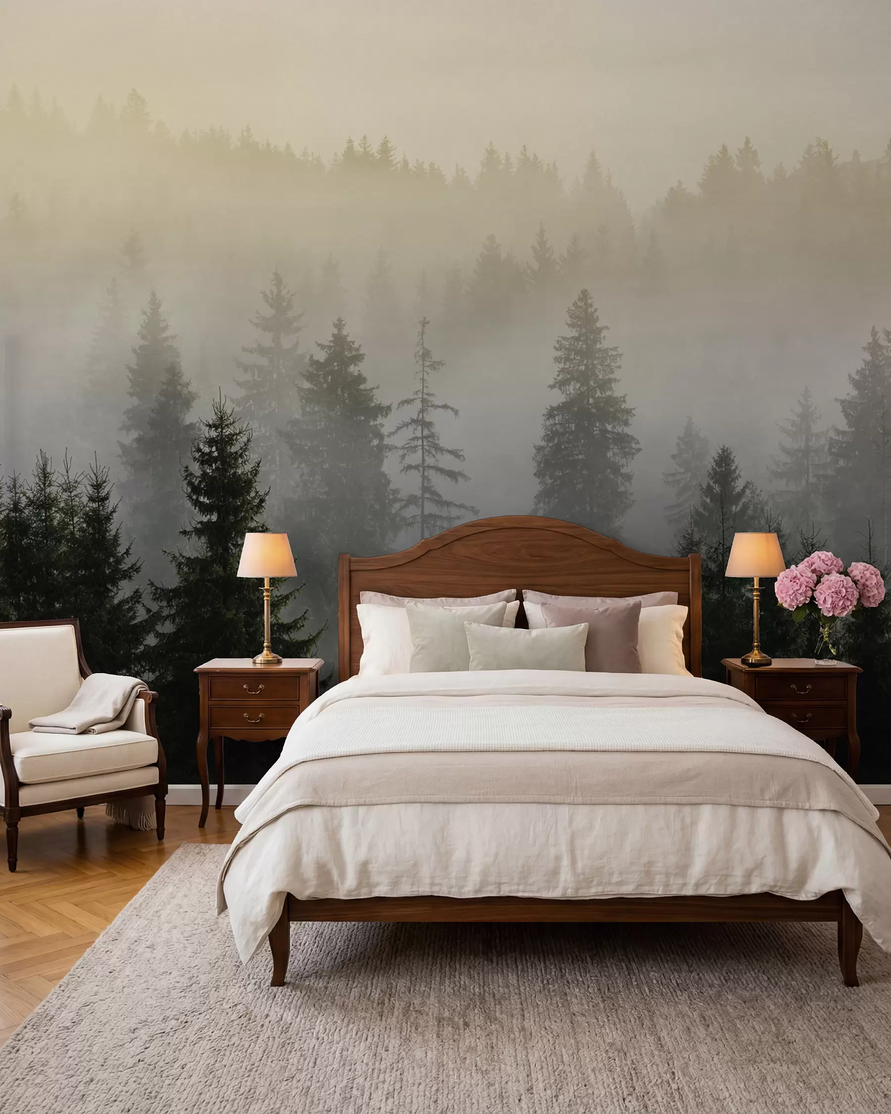 murales de pared Silueta de un abeto oscuro rodeado de niebla u96999