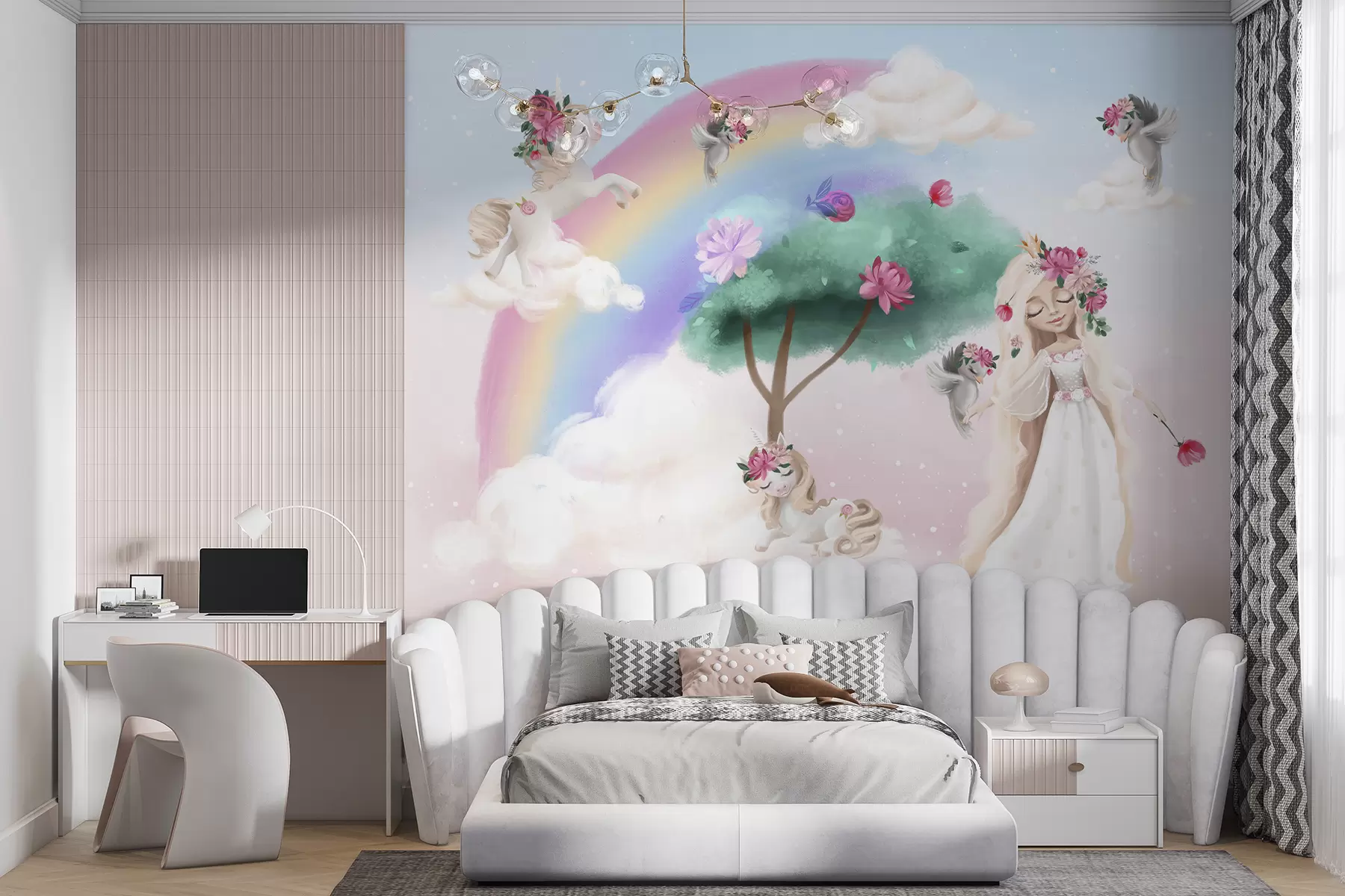 murales de pared Princesa con unicornio en un mundo de cuento de hadas. u96869
