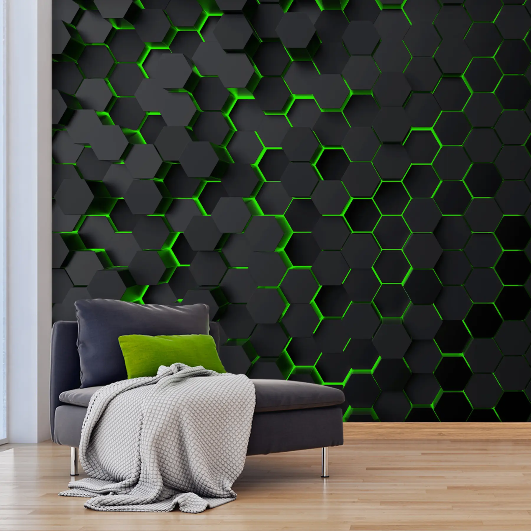 murales de pared Hexágonos negros y brillo verde. u93618v1
