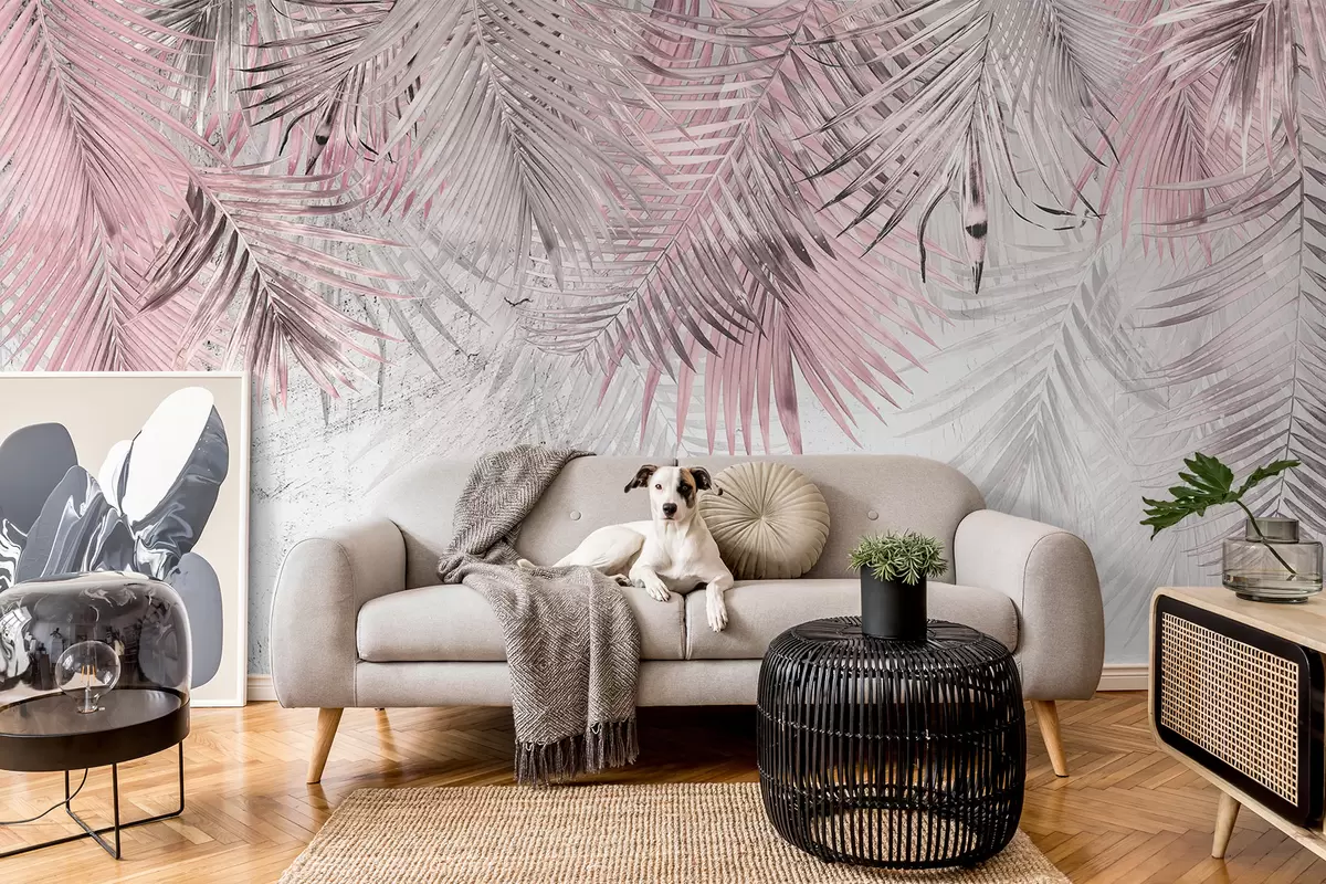 murales de pared Hojas tropicales rosadas en estilo grunge u93843v2