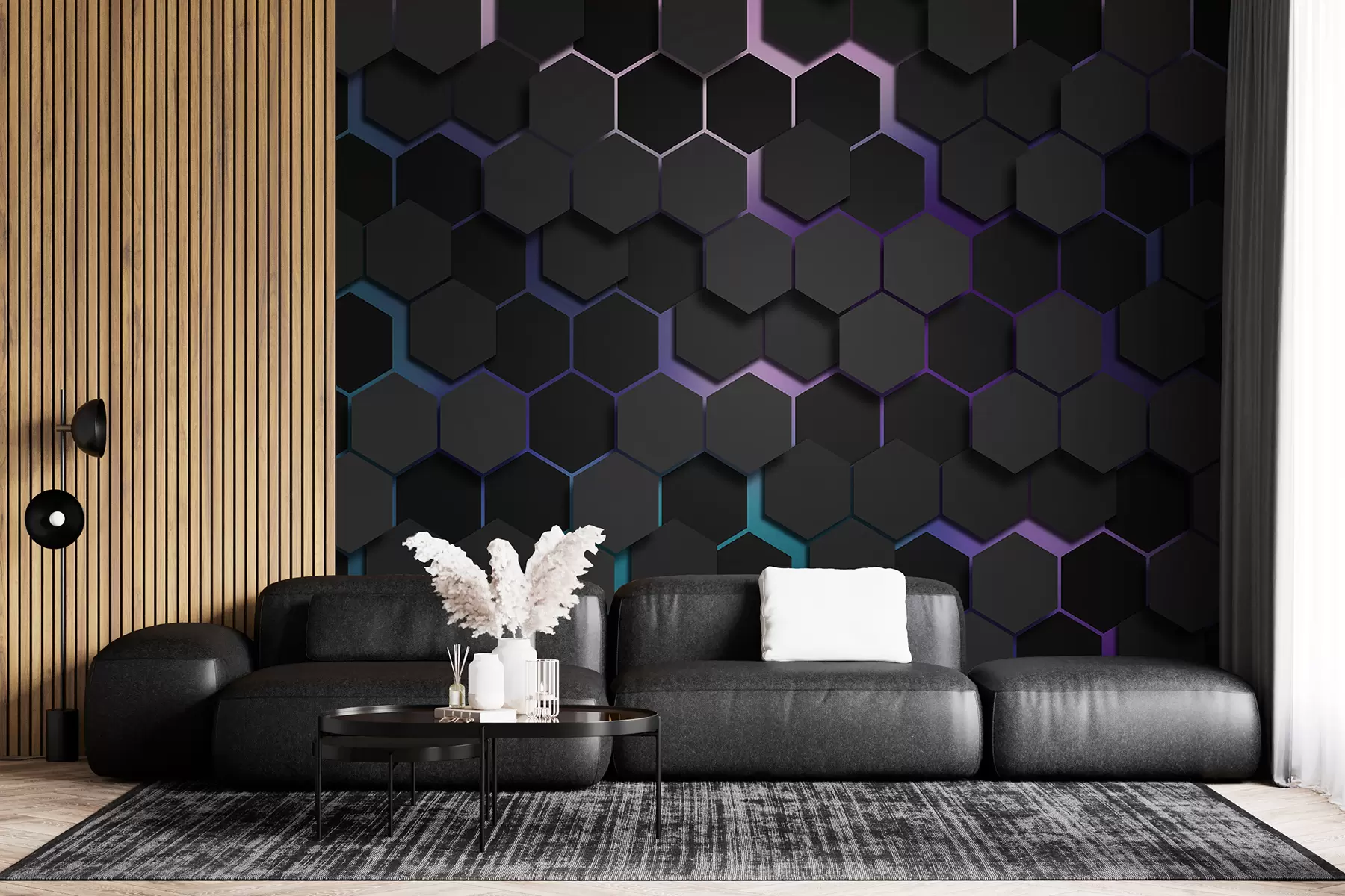 murales de pared Hexágonos negros con efecto 3D en colores negro y morado u79935v2
